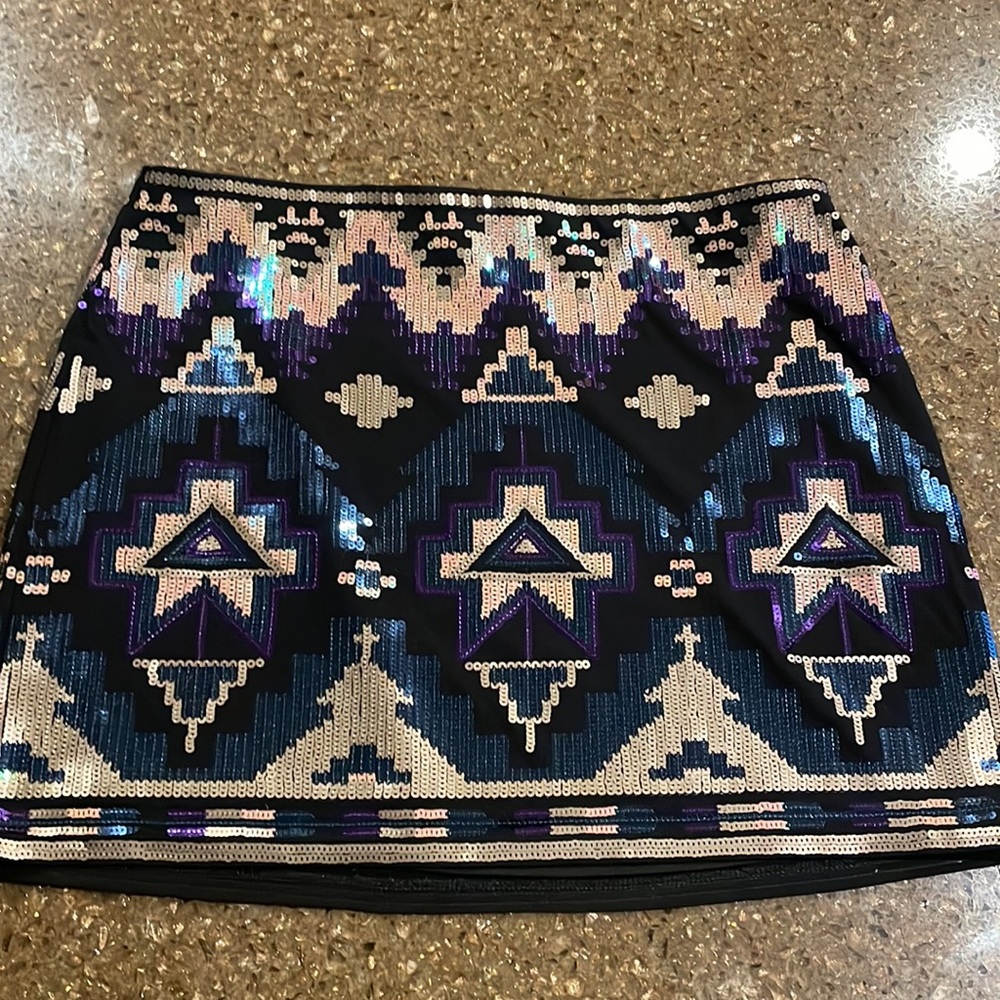 Express Sequin Aztec Black Skirt Small